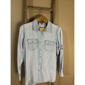 Vintage 90s Denim Stripe Print Top Long Sleeve Button Blouse Chambray Cottage L
